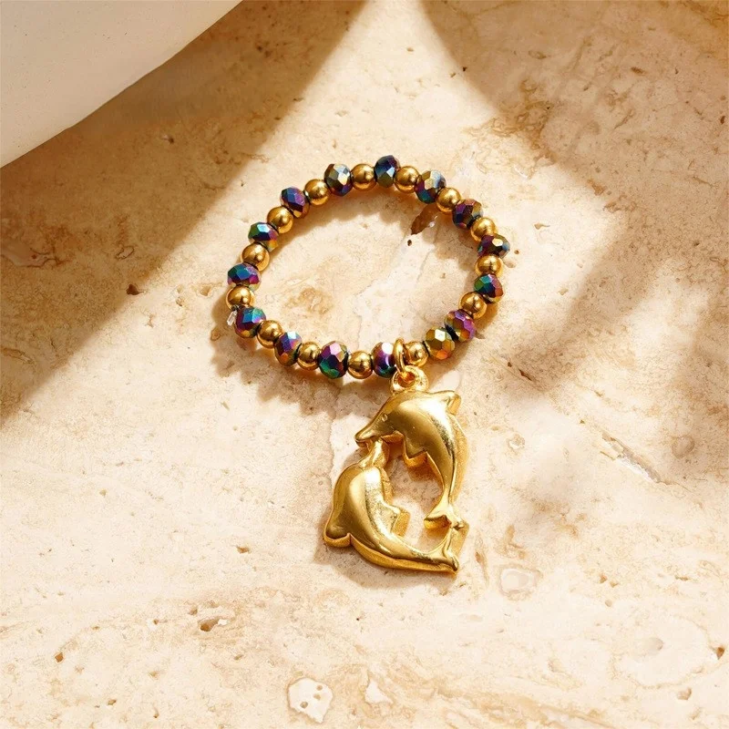 Hot Selling Trendy Stainless Steel Lock Dolphin Magic Wand Elastic Bead Ring Handmade Bead Ring For Women