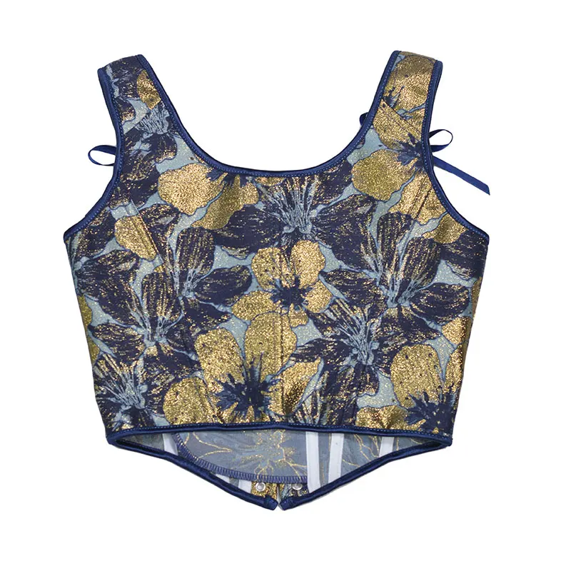 Blue Gold Flower Bustier Half Breast Fishbone Corset Front Strap U Collar Leaf Print Vest Woman Vintage Chest Wrap Court Corset