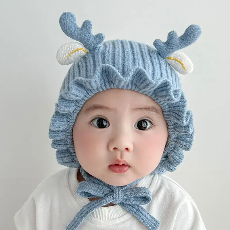 Cute Deer Elk Antlers Baby Hat Winter Warm Plush Knitted Ear Warmer Children Hat Bonnet  Cap Beanie Christmas Hats