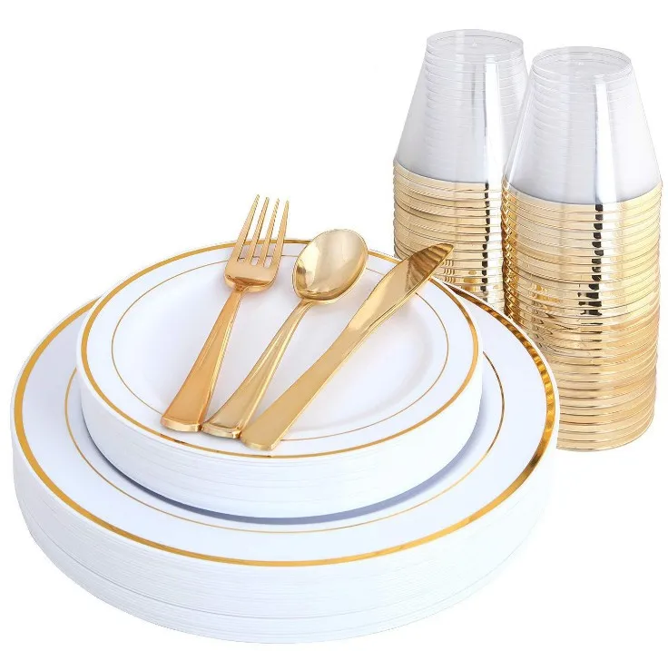 
Wholesale Wedding Dinner Gold Disposable Plastic Dish Plates Sets Dinnerware 