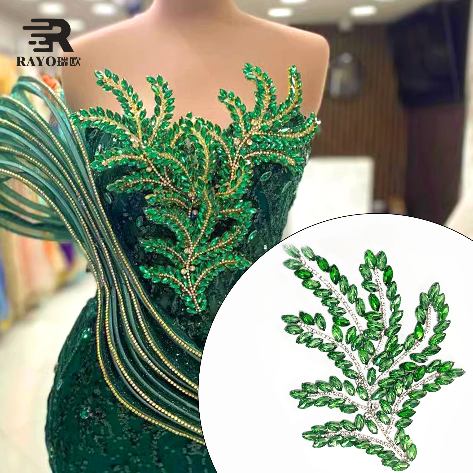RAYO Special Leaf Rhinestone Applique For Evening Dress Decoration Hair Accessories Glass stone Applique Sew-on technique