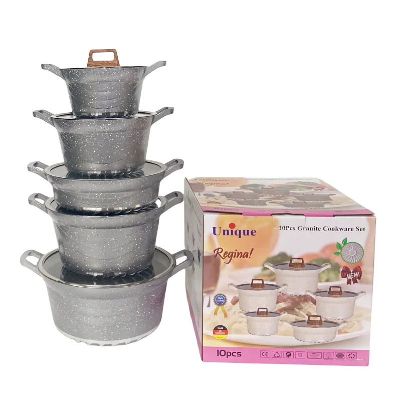 Wholesale 10pcs Unique Granite Marble Non-Stick Gas Bottom Cooking Pots Aluminum Cookware Set