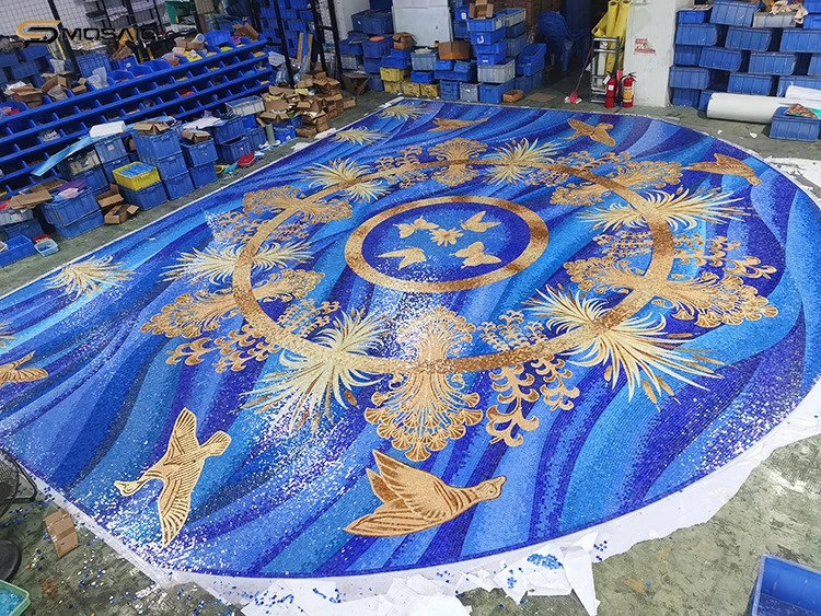 Blue pattern colorful mosaic tile vivid gold birds wheat wall art murale design customized big size floor decoration mosaic tile