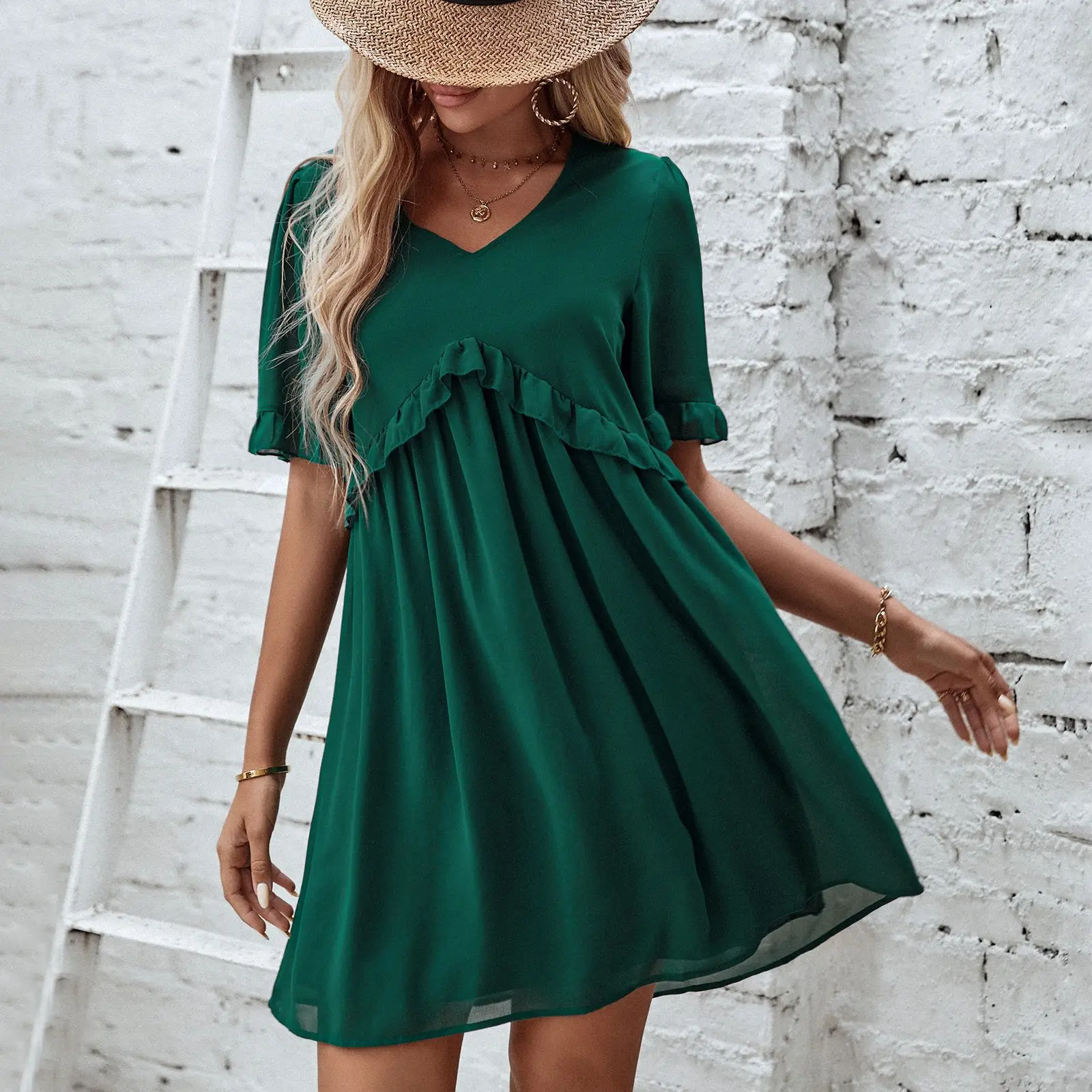 New arrivals V neck solid colour short sleeve chiffon turkey dresses women casual summer dresses for girls