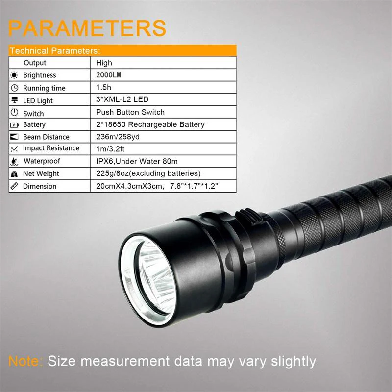 3000K Yellow Light Diving Flashlight 3 LED Professional Diving Light Highest Waterproof Rate IP68 Torch Underwater 50-80m