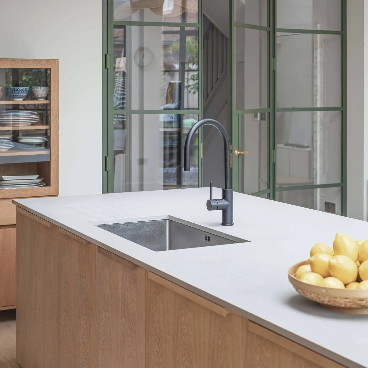 Contemporary Kitchen Storage Cabinets Modern Light Oak Wood Kitchen Island with Built-In Sink & Refrigerator MDF Panel