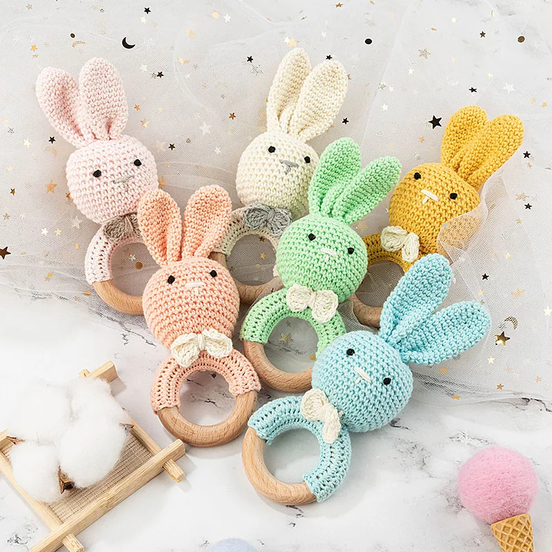 Organic Rabbit Crochet Rattle Knitting Teether Ring Bunny Chew Toy Baby Teething Wooden Teether Set