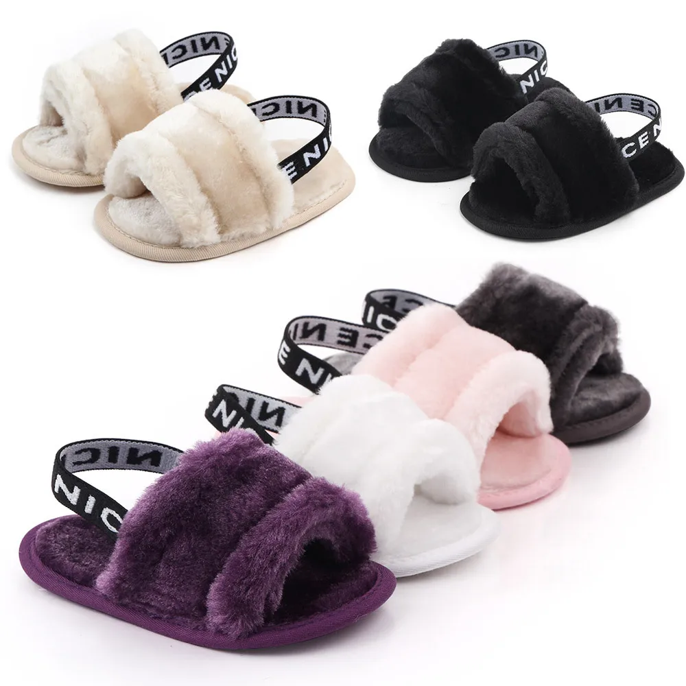 2021 New Soft Winter Comfortable Fluffy Fur Slippers Open Round Toe Double Band House For Girls
