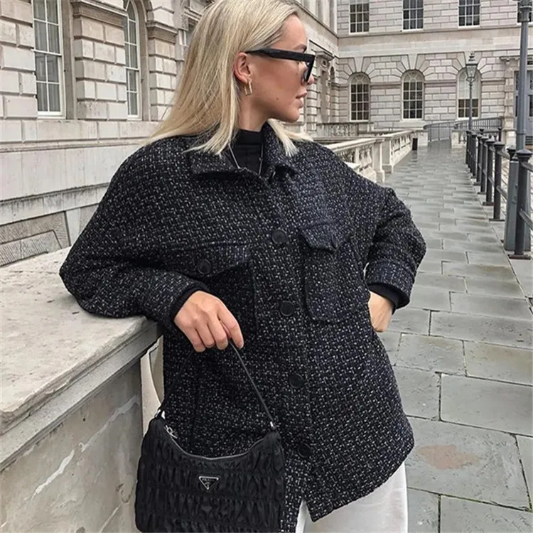 Wholesale Wool Alpaca Coats Women Woolen Long Sleeve With Pockets Women Black Winter Wool Coat