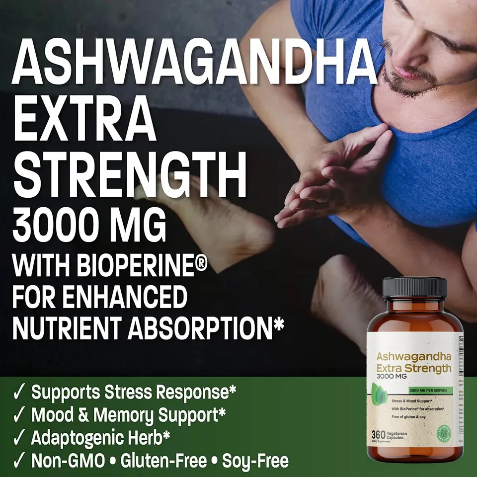Органические Капсулы Ashwagandha сверхпрочные таблетки для сна 3000 мг средство снятия стресса энергетическая добавка порошковая капсула
