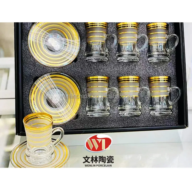 12pcs Super light 6 Glass Tea Cup and 6 glass tea saucer Coffee Set High Quality Arabic Ramadan Porcelain support customization
