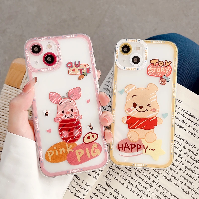 Hot Sale Cute Cartoon Bear and Pig Pattern Phone Case for iPhone 13 Girls Anime Figure Cover for iPhone 12/11/7/8/XR/X/XS/MAX