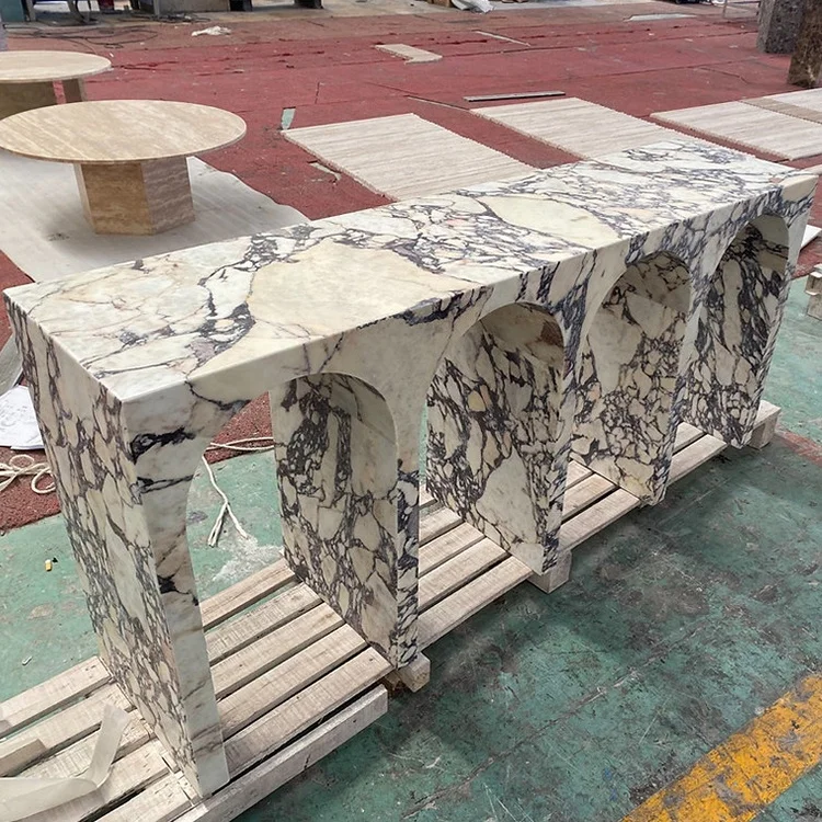 Drop Shipping Furniture Entry Way Rectangle Long Narrow Calacatta Viola Marble Rock Arch Console Table