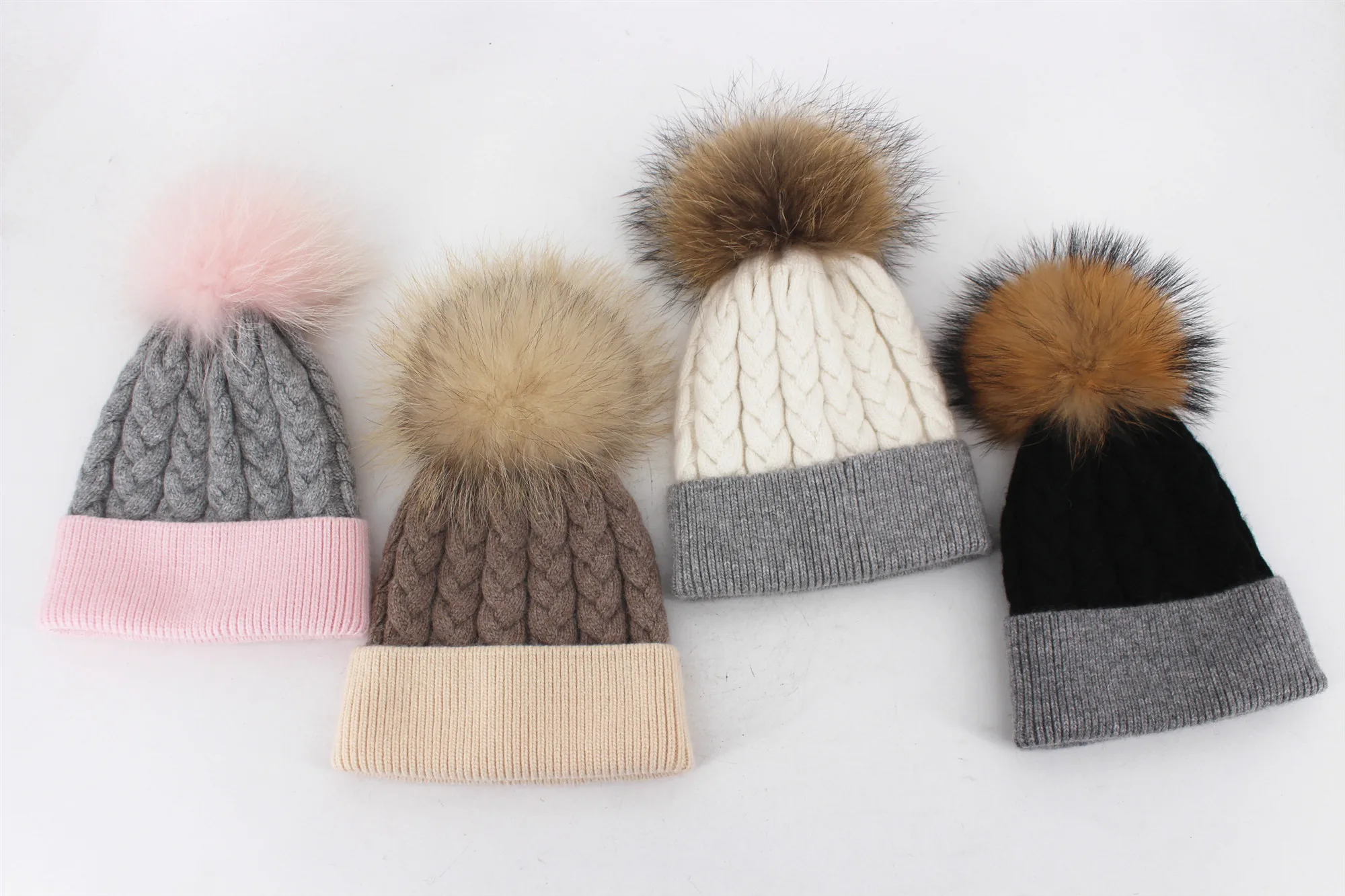 2024 latest women angora wool hat custom winter beanie hat with raccoon fur ball