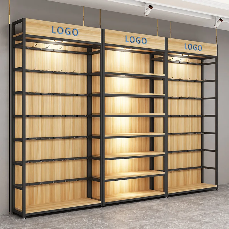 retail store wood rack showcase display shelf cabinet metal shelving gondola wig display shelves rack for shop hanging rack
