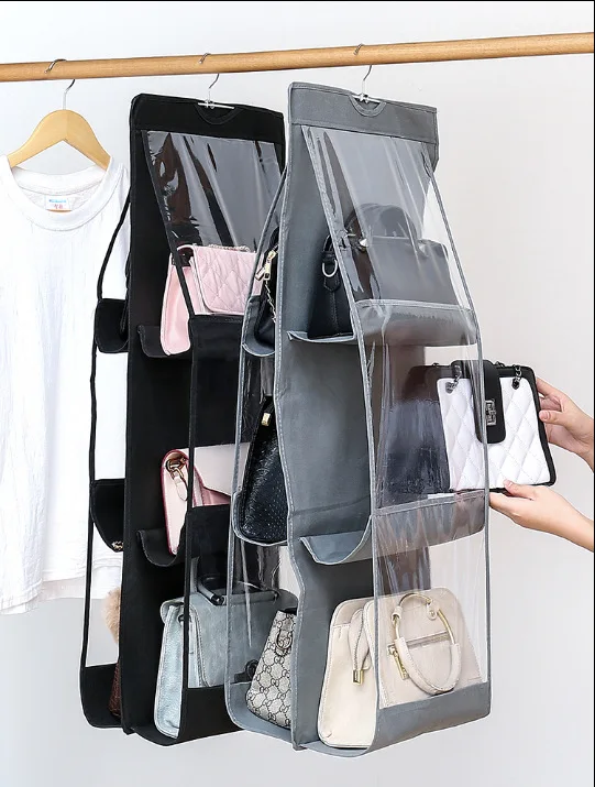 Home Organization 6 Pocket Gray Hook Hanger Big Bags Storage Hanging Handbag Organizer Storage Bag