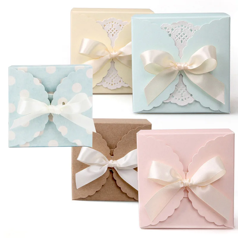 Brand New Product Candy Boxes Paper Foldable Square Handmade Soap Packaging Bow Ribbon Gift Box