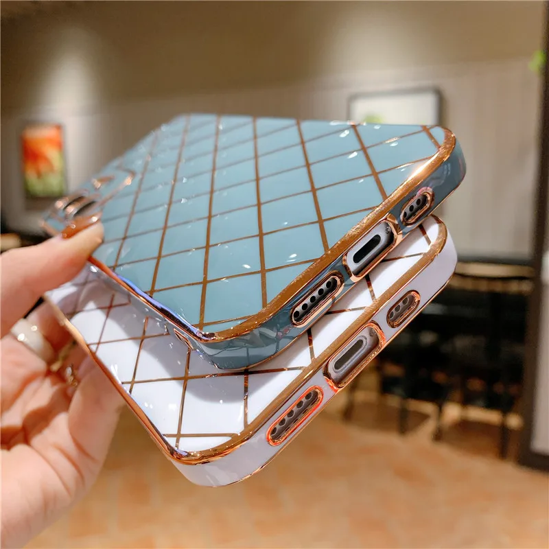 Electroplated Radium Carved 3D solid color rhombus TPU Cover Smart Phone Cases For Iphone Series