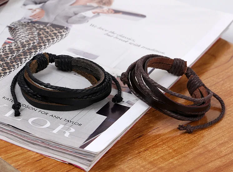 Hot Selling Hand Woven Cowhide Hand Rope Bracelet Fashion Classic Jewelry Retro Hemp Rope Multi-layer Leather Bracelet