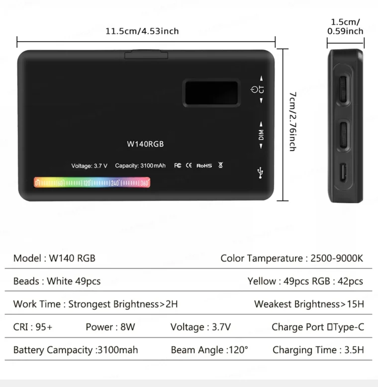RGB LED Video Light W140 Camera Light Full Color Dimmable 2500-9000K Fill Light Live Vlog Photography Photo Studio Lamp