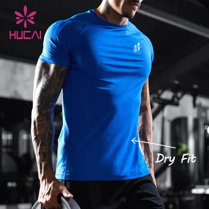 HUCAI Custom polyester spandex lightweight breathable slim muscle fitted fitness gym dry fit compression t shirt for men