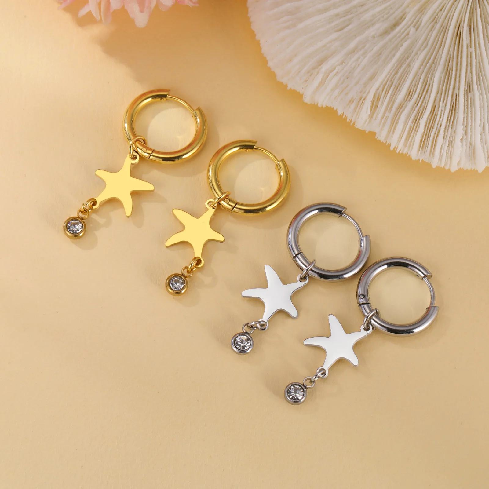 Shining Zircon Star Dangle Drop Earrings For Women Fashion Cute Hoop Earrings Stainless Steel Jewelry Gift