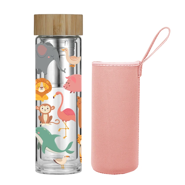 portable tea drinking double wall wooden lid glass water bottle borosilicate  cup with infuser custom package