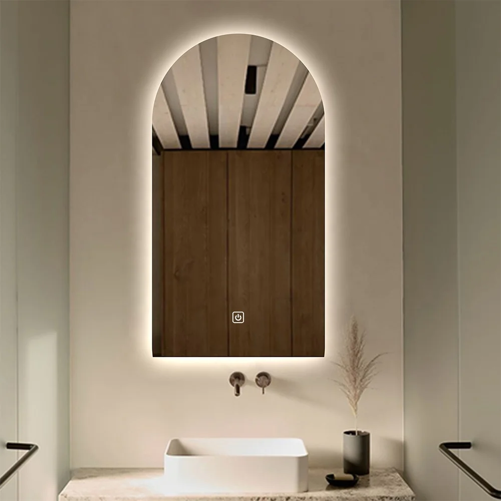 Design Arch Door Mirror with Led Light Bathroom Decorative Wall Mirror Time Demister