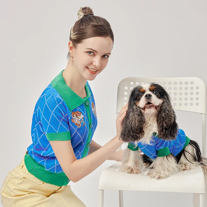 New Fall Winter Fashion Section Dog Blue Cardigan Pet Parent Child Sweater And Owner Matching Clothes Customize