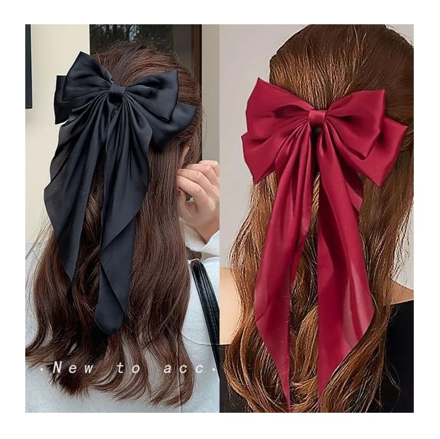 Slides Solid Color Bowknot Hairpin French Barrette with Long Silky Satin Tail Large Bow Hair Clips for Women Baby Girl Bows