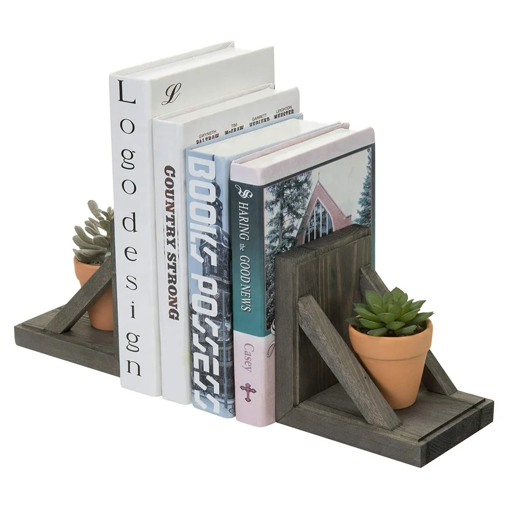 
2 Piece Set Vintage Gray Wood and Brass Metal Decorative Desktop Bookends 