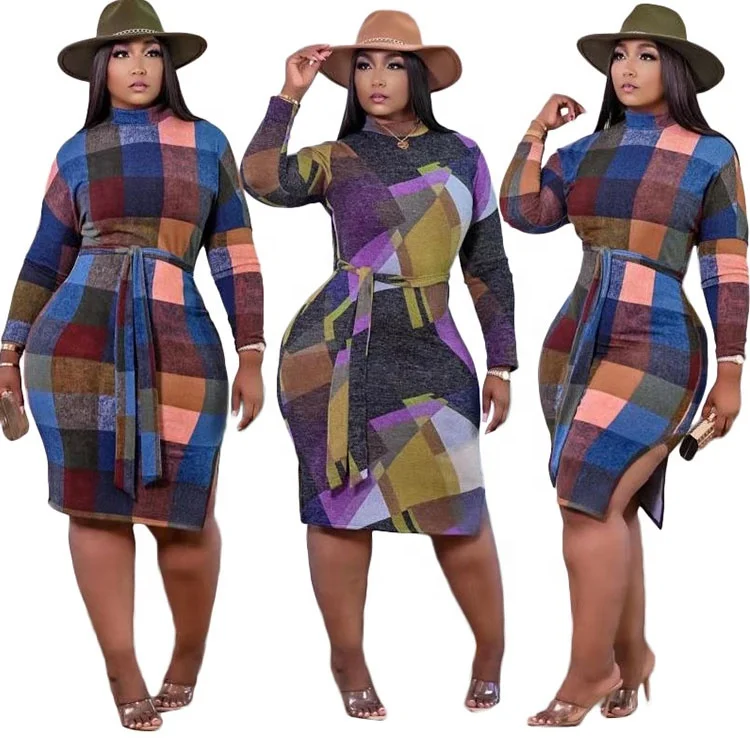 Hot-Selling Wholesale High Quality Fashion Loose Long Sleeve Clothing Printed Belt Women Dress