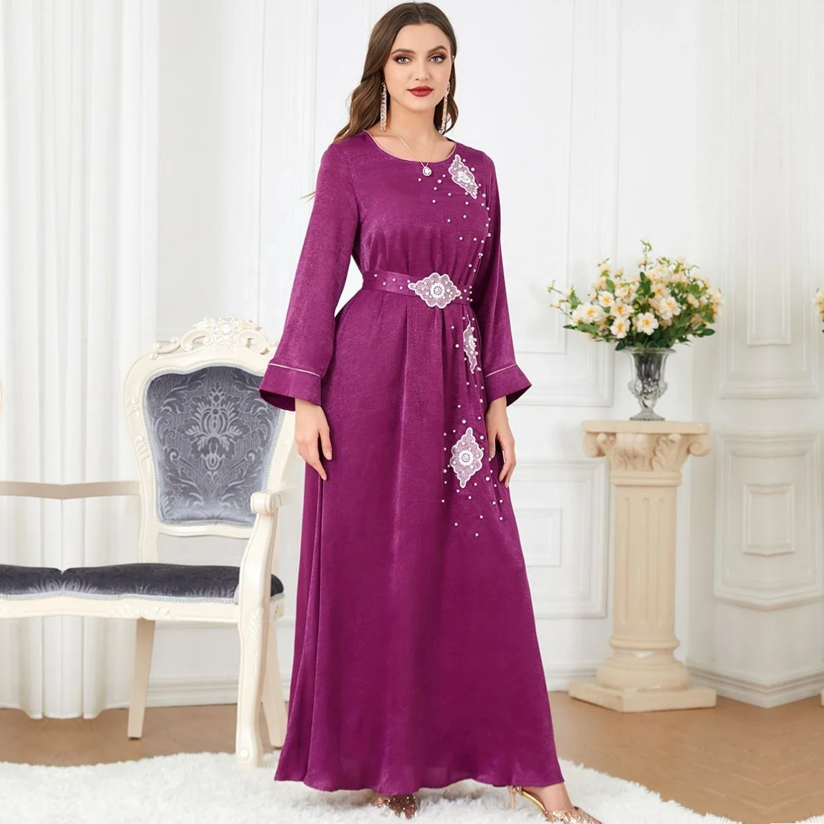 Women Middle East Arab Fashion Long Sleeve Beaded Crew Neck Dresses Modest Evening Dress Muslim Women Party Kaftan Dresses