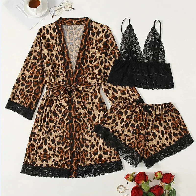 Euro-american Leopard Print Little Wild Cat Passion Perspective Sexy Lace Uniform Sling Three-piece Set
