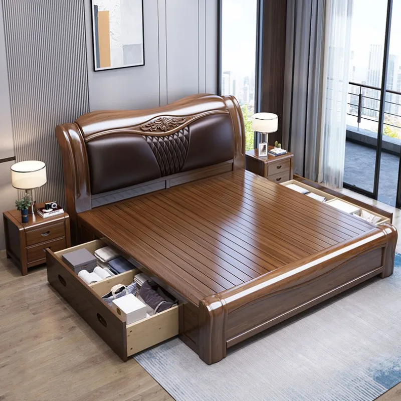 Solid wood bed leather soft bag double bed master bedroom big bedroom furniture suit