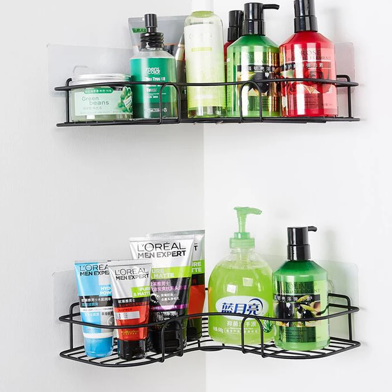 Bathroom Corner Shelf Bathroom Tripod Shelves Adhesive Kitchen Corner Racks Wall Mounted No Drilling Storage