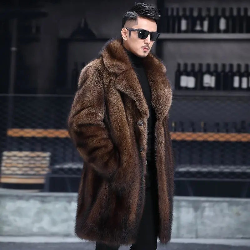 Wholesale Luxury Men Long Sleeve Mid-length Imitation Leather Mink Winter Mens Faux Fur Coat