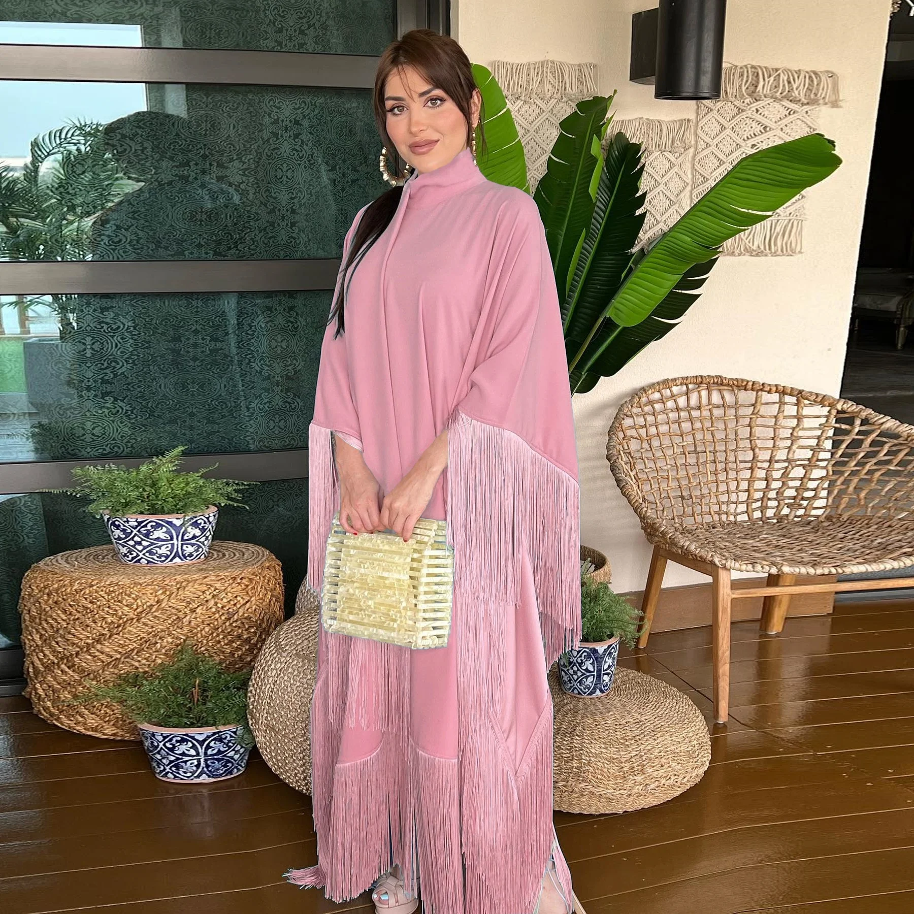 PROMISTAR Bat Sleeve Tassel Kaftan Muslim Women Modest Party Dress Summer Made from Silk Viscose Long Fashion Abaya Adults