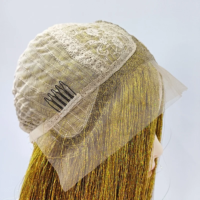 Wholesale High Quality Golden Full Tinsel Lace Front Wigs Long Straight Tinsel Hair Lace Wigs for Ladies Cosplay Party