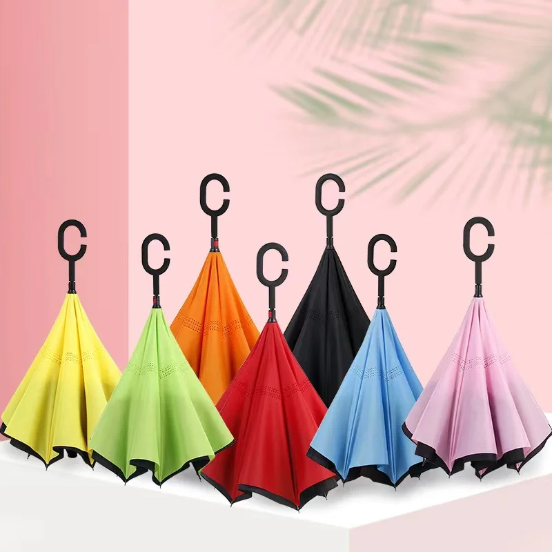 YB Classic Design Double Layer Reversible Inverted Umbrella with C Handle Manual Control for Adults