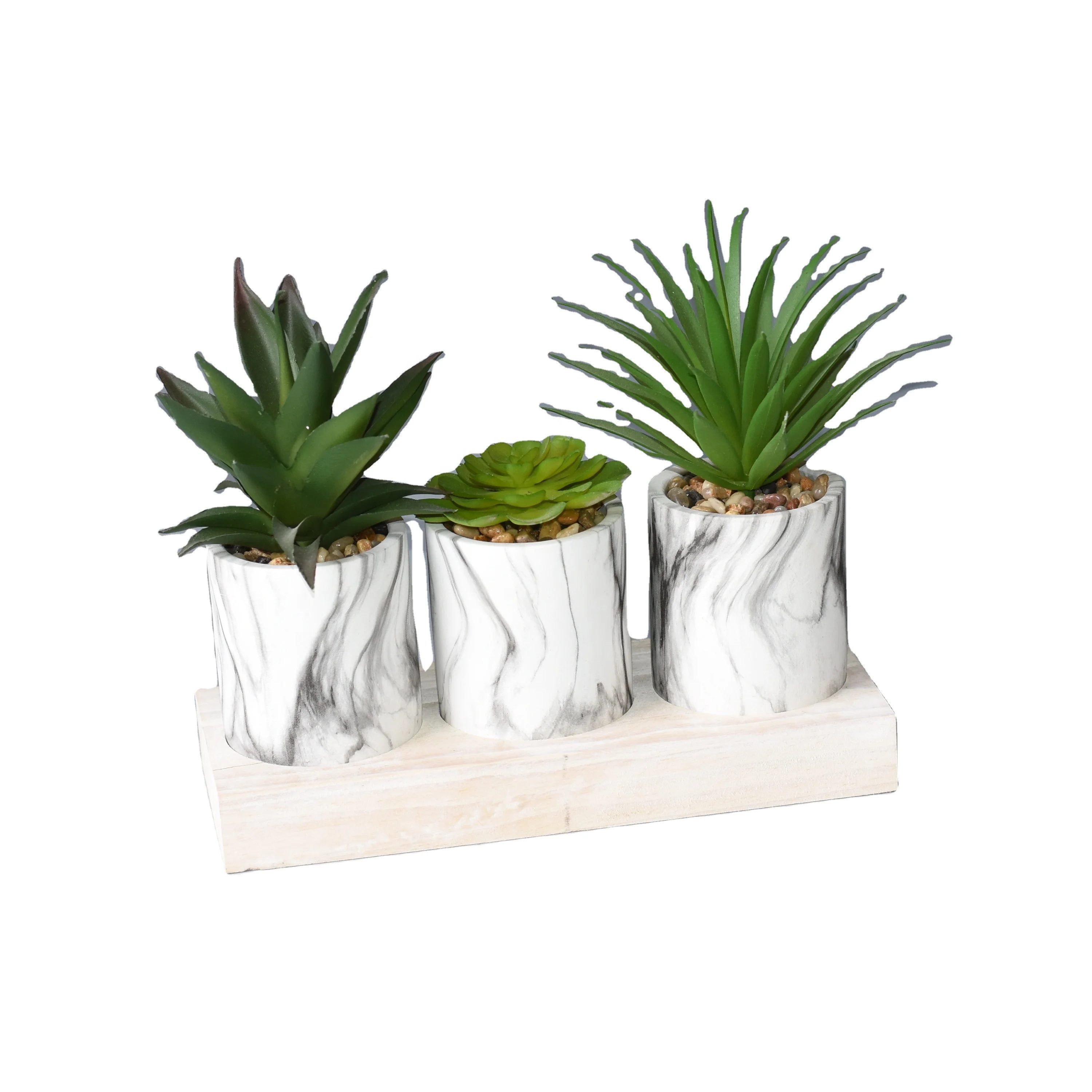 Set of 3 Pcs Concrete Succulent Indoor Planter Pot Round Square Marble Mini Cement Plant Pots with Wooden Stand