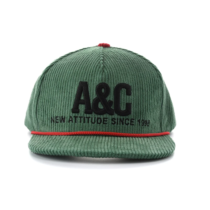 BSCI OEM Custom Logo 5 Panel Rope Snapback Cap Flat Bill Unstructured Gorras Fitted Men Blank Plain Corduroy Hats with Rope
