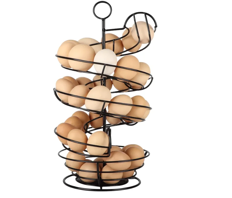 Hot Sale Black Metal Egg Skelter Spiral Design Egg Dispenser Rack Holder with Storage Basket for Countertop Kitchen