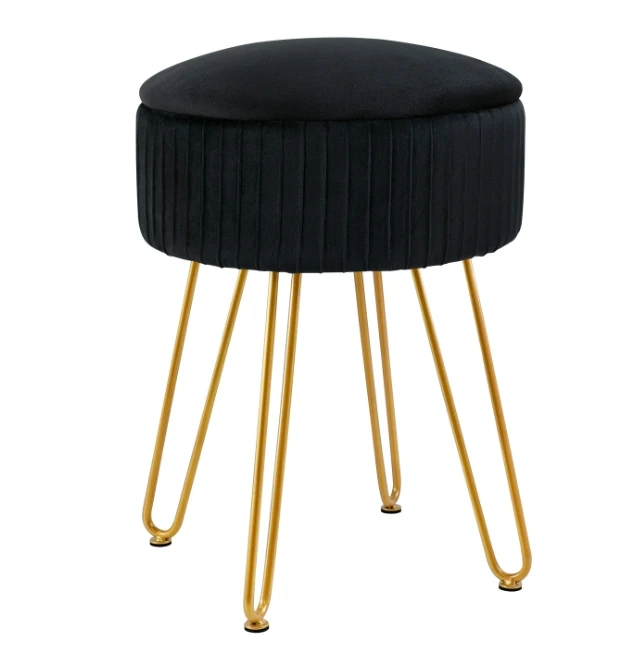 Circular velvet footrest ottoman for makeup vanity, velvet dressing table stool, pouf couch seat with golden legs