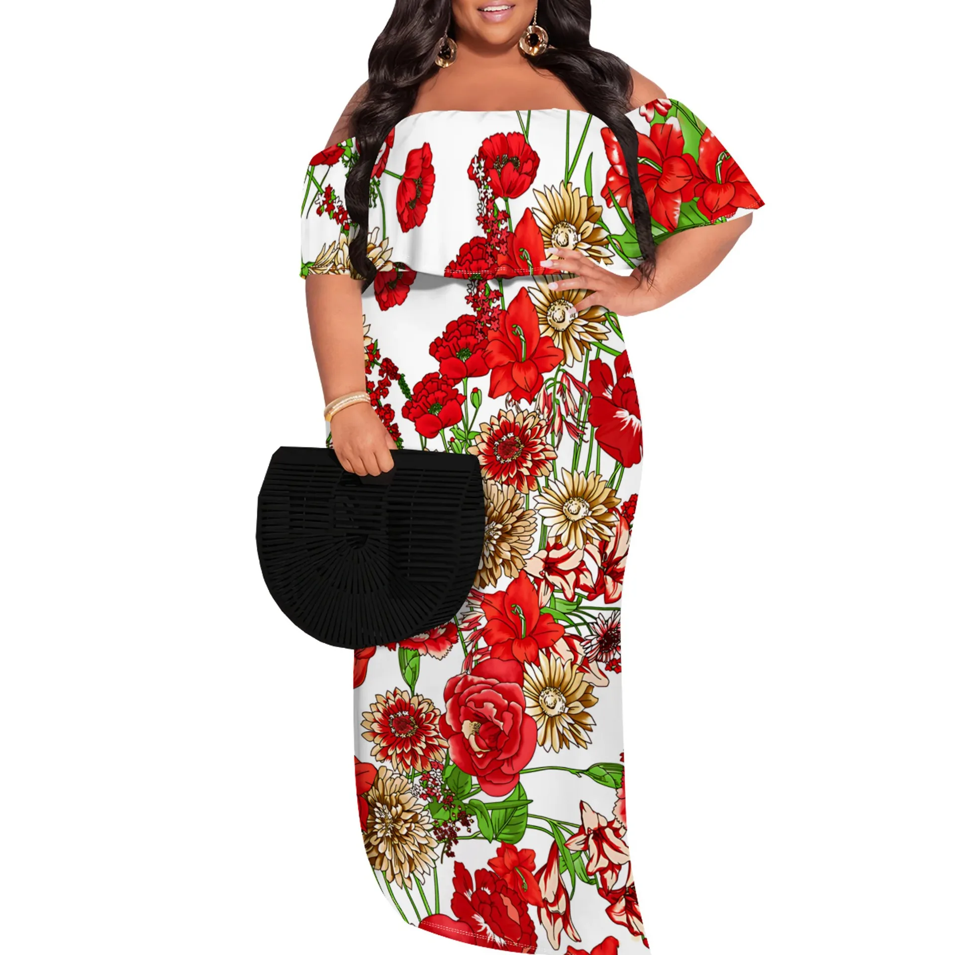 women fall clothes 2024 xxxxl plus size women sexy dress 2024 Off-shoulder graphic print maxi dress
