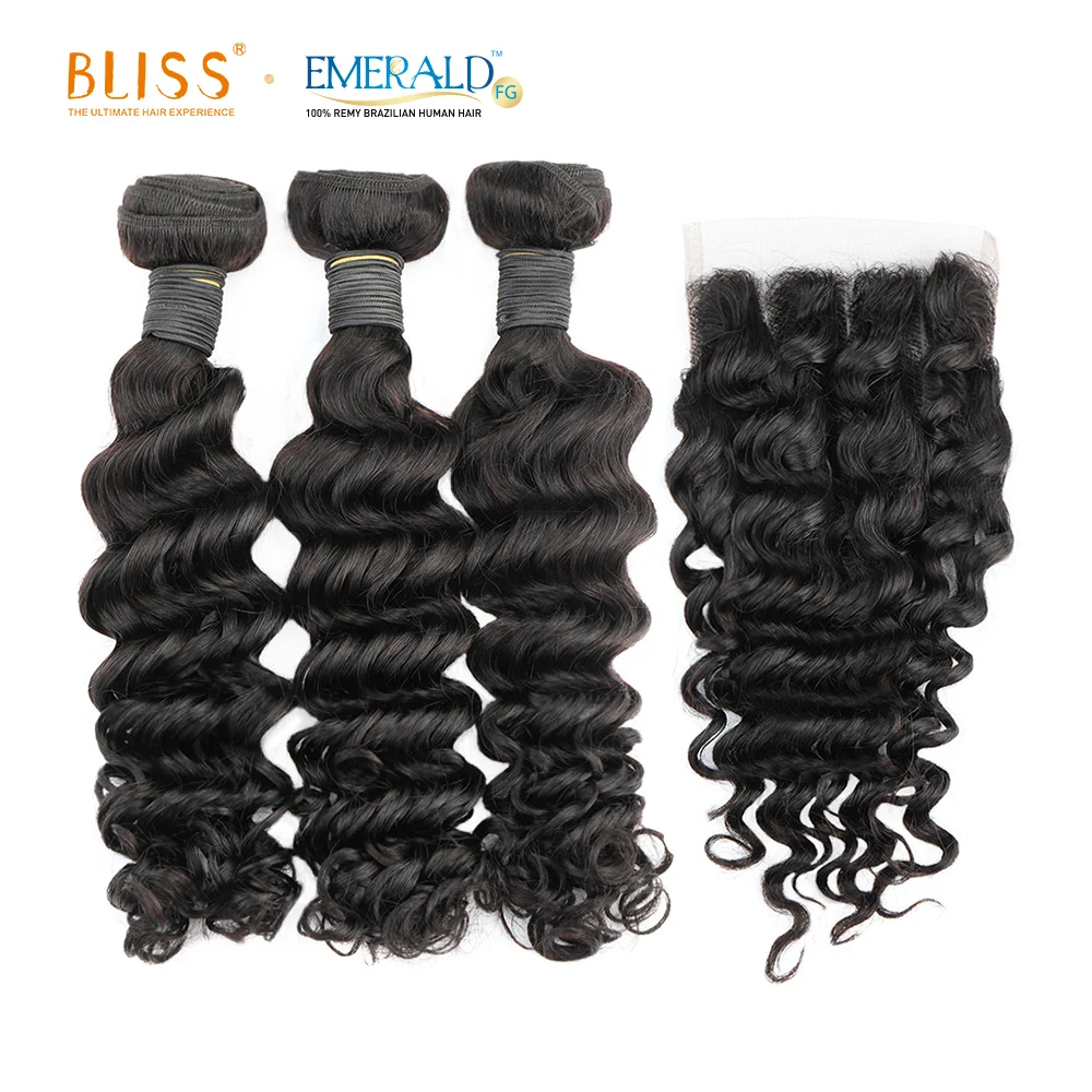 Bliss Emerald 3+1 Deep Wave Brazilian Human Hair Bundles Meches Humain 3 Bundles with Lace Closure and Frontal
