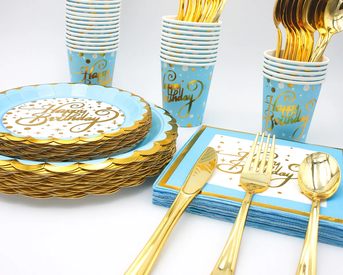 Party Supplies  Bronzed Light Blue Birthday Theme Party Set Napkin Paper Cup Paper Plate Tableware Wholesale Party Supplies