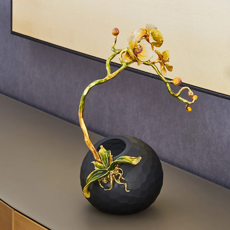 RORO Black Glass Vase Home Decoration Living Room Modern Luxury Home Decor Enamel Colorful Flower Lanyang Style Decoration