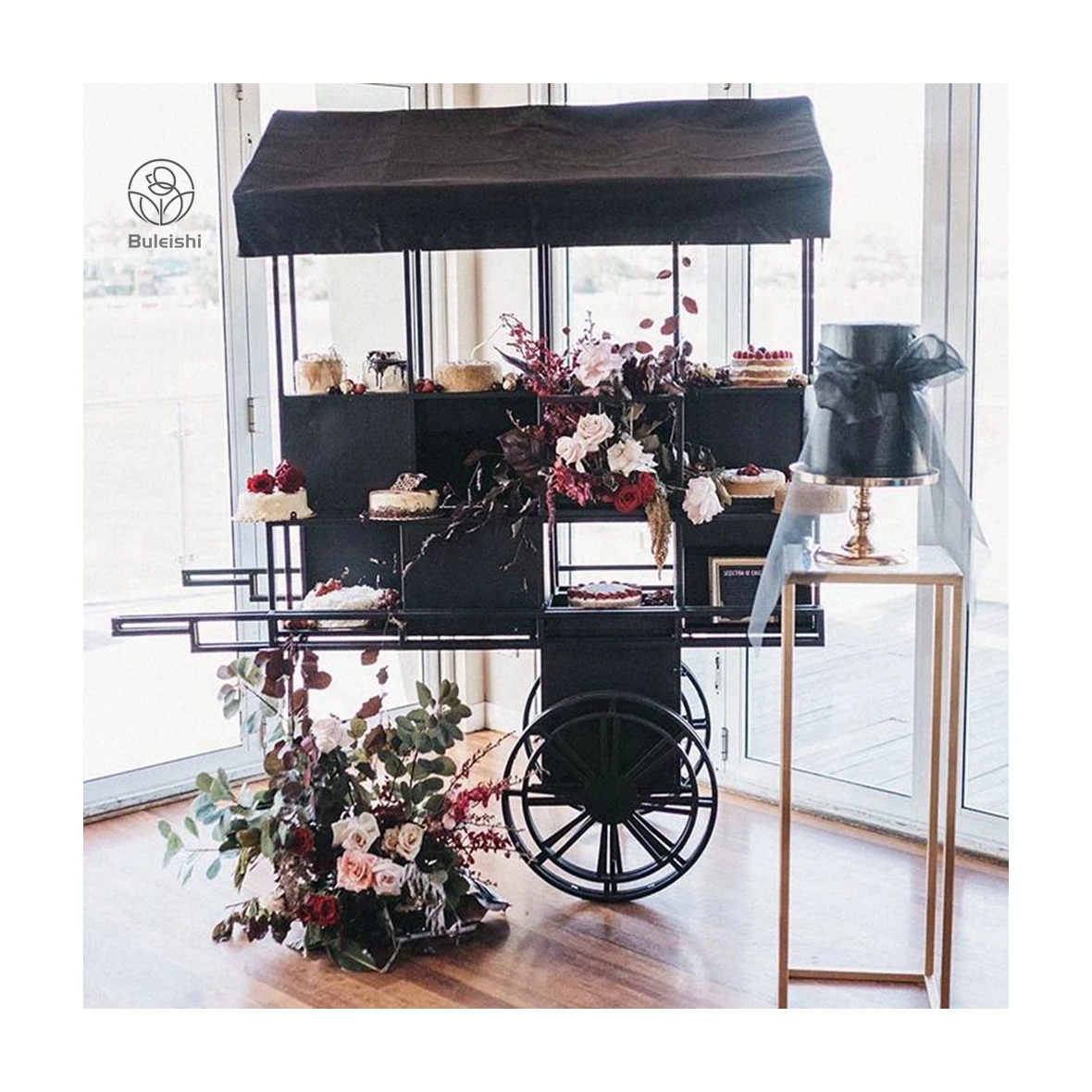 Black Mobile Flower Display Sweet Candy Cart Wedding Carriage Iron Metal Frame Cake Flower Candy Cart