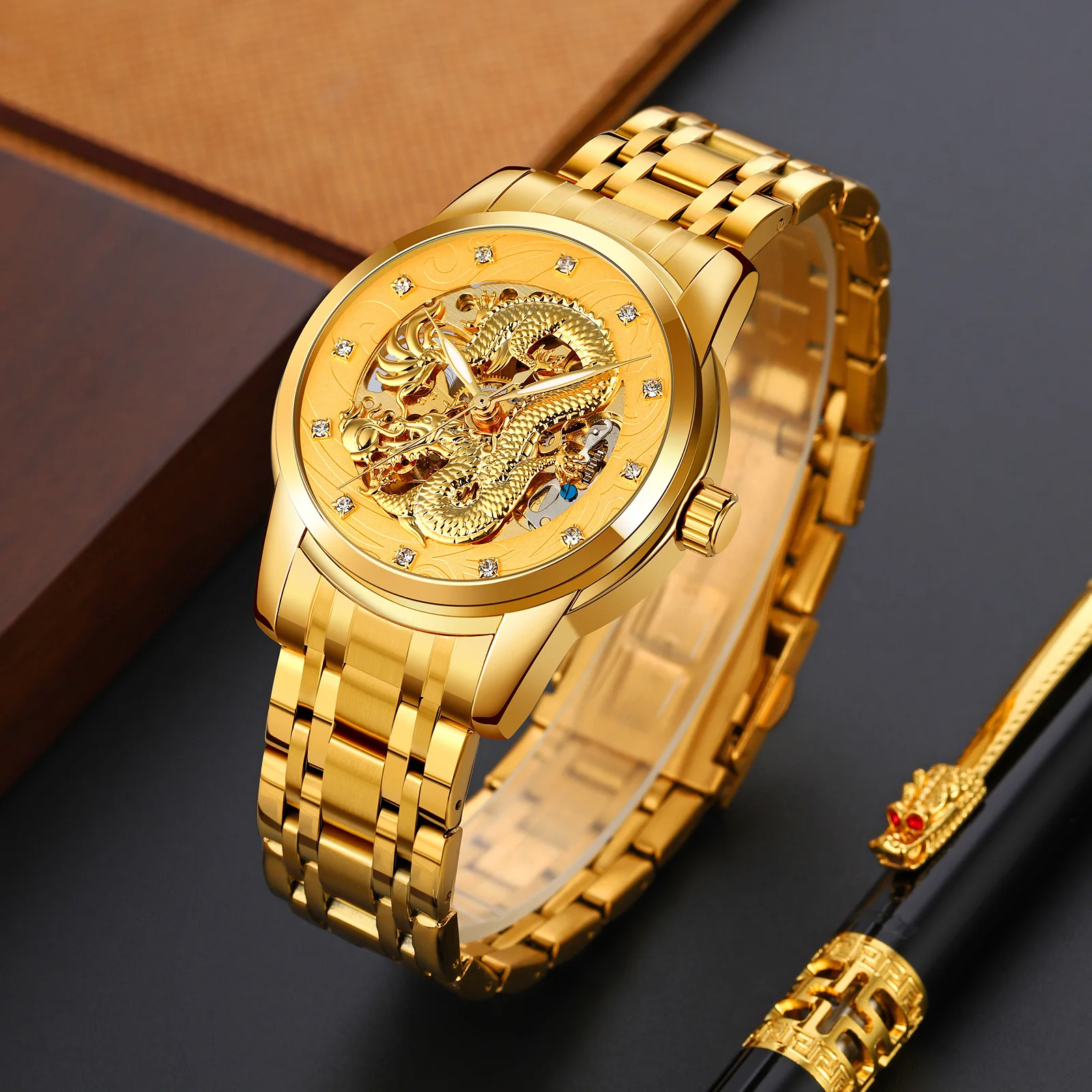 SKMEI 9310 Luxury Gold Dragon 3ATM Waterproof Watch Skeleton Stainless Steel Mechanical Automatic Watches Mens WristWatches